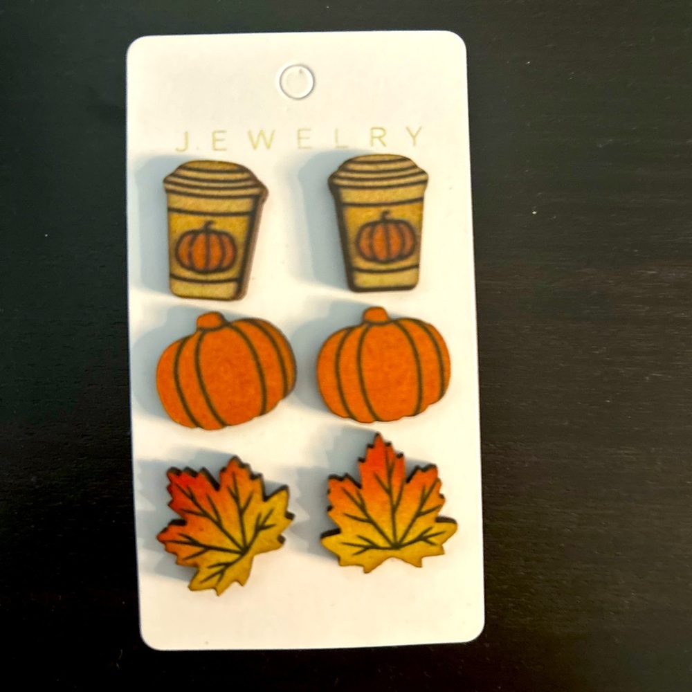 New Wooden Fall Earrings Pumpkin, Coffee Cup, Maple Leaf Stud Earrings Set